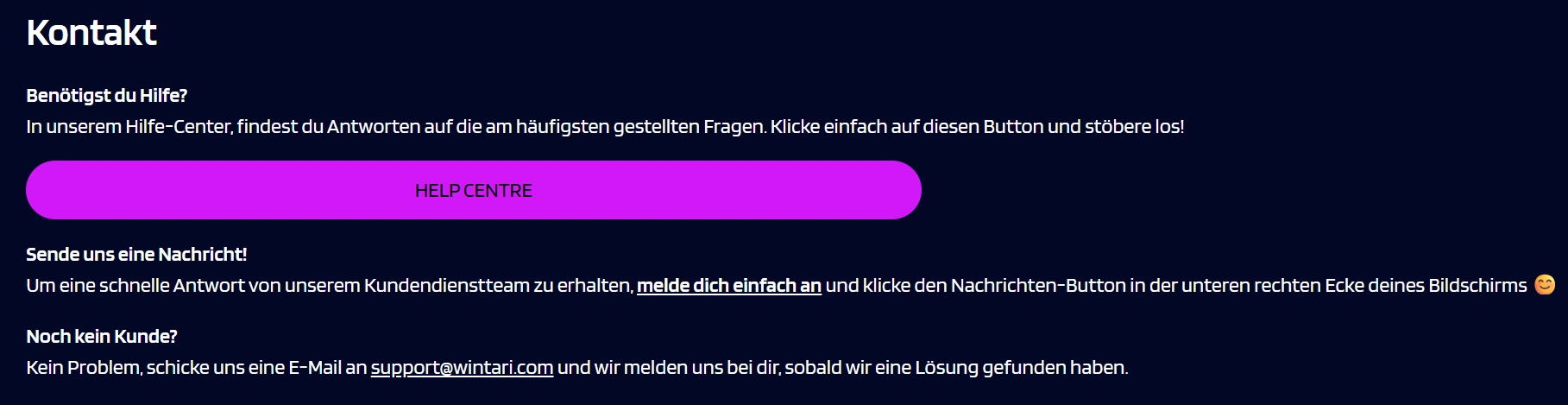 Wintari Casino Kundensupport